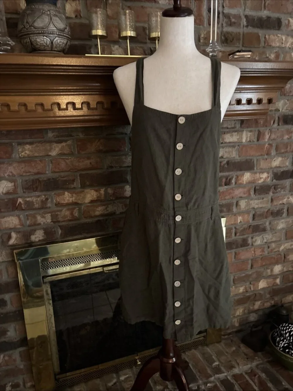 Garage Army Green Overall Dress Size Large Linen Blend